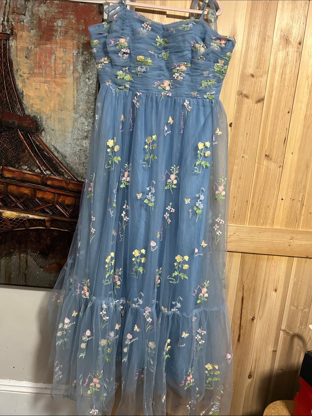 Blue Floral Embroidered Tulle Evening Dress